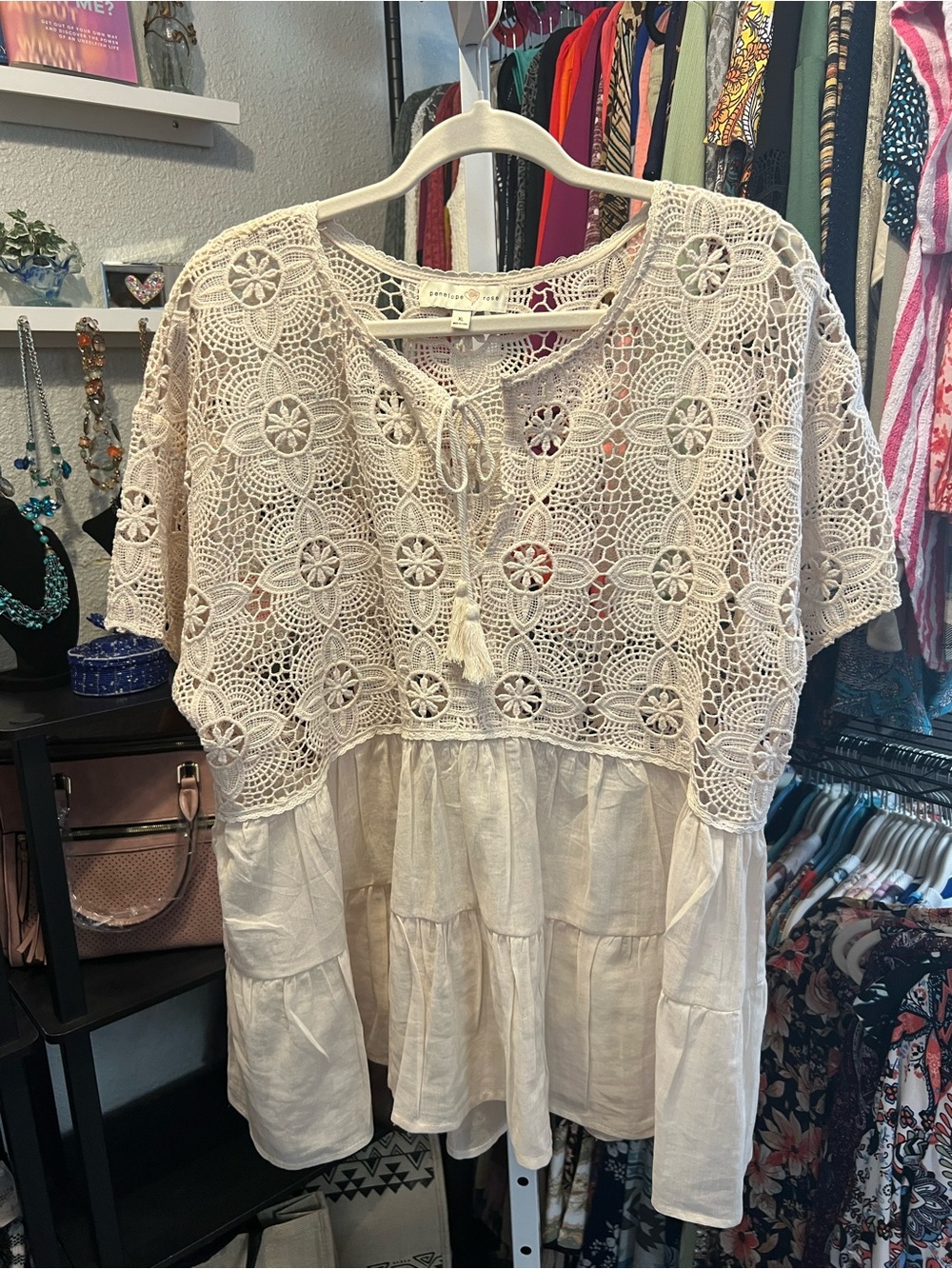 Penelope Rose Cream Crochet Overlay Peasant Blouse